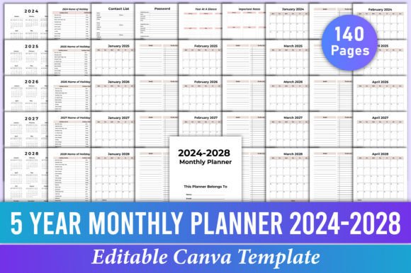 Master Your Timeline: The Ultimate 5 Year Monthly Planner (2024-2028) Canva Guide