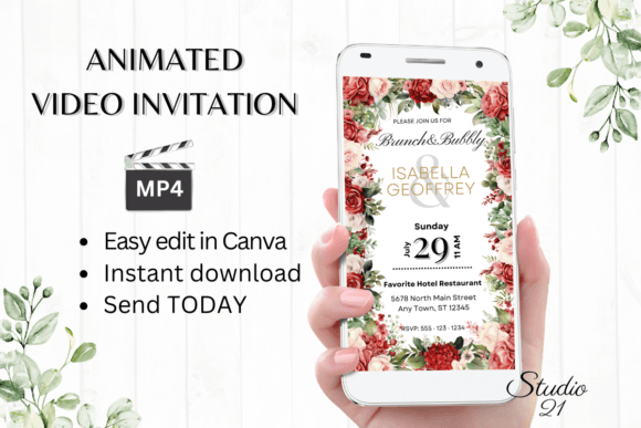Red Roses Wedding Brunch Invite: Elegant Digital Template